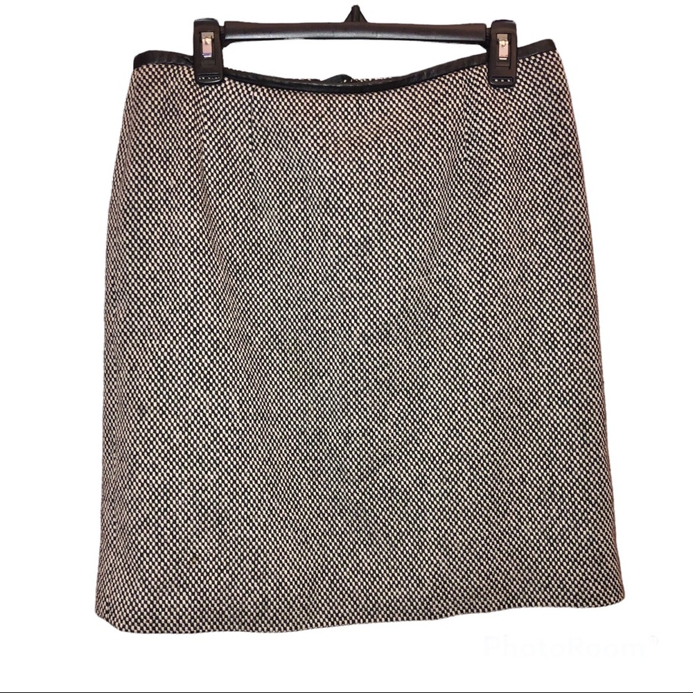Talbots Checkered silk wool blend‎ leather trim Skirt black white 10